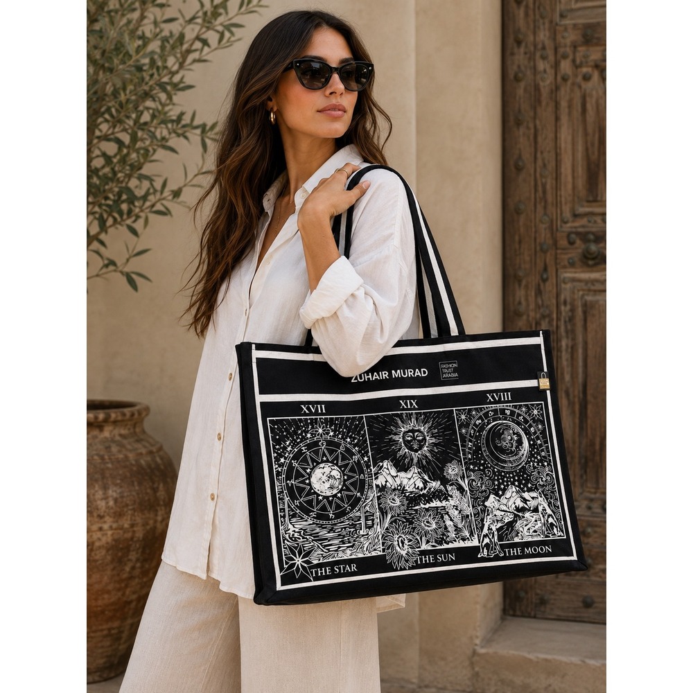Zuhair Murad Fashion Trust Arabia Tarot Celestial Canvas Tote Bag Black White